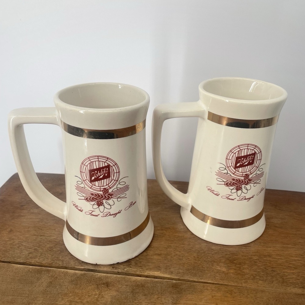 Vintage Schlitz Milk Glass Beer Mugs Steins‎ Set of 2 Gold Trim 1970s Barware